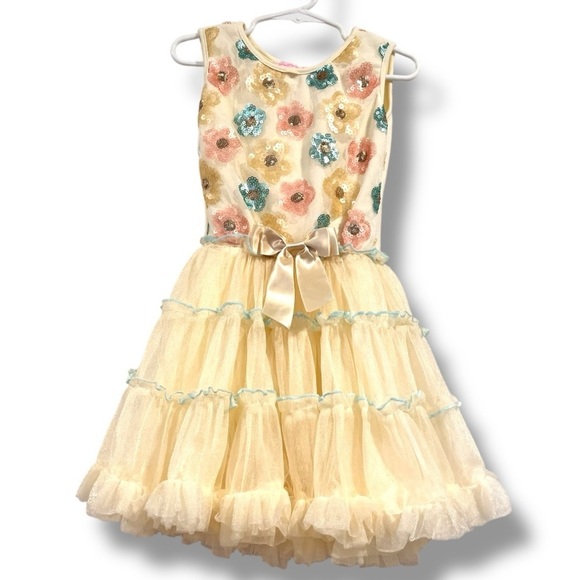 Popatu Girls Cream Tutu Dress With Sequin Pastel Flower Embellishments EUC Sz 5 - Picture 1 of 7